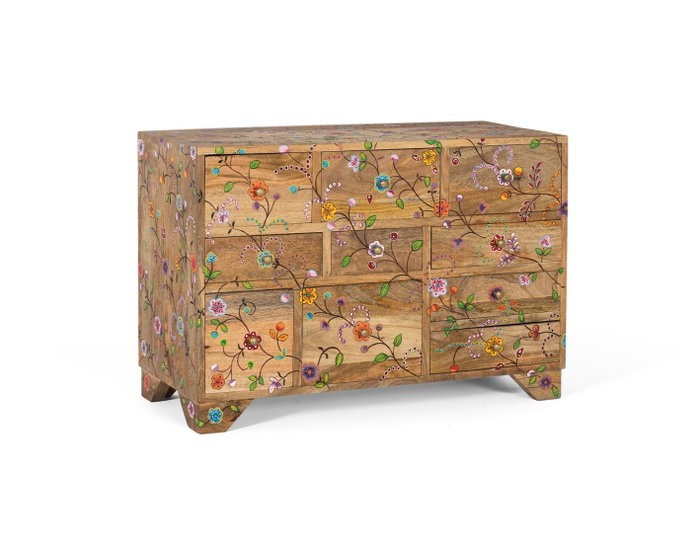 GINER Y COLOMER Commode en bois de manguier massif avec 10 tiroirs de différentes tailles et décoration de fleurs peintes à la main - Couleur naturel